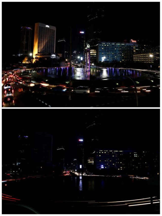 A combination photo shows a view of the buildings around Selamat Datang Monument, also referred to as the Bunderan HI roundabout, before (top) and during (bottom) Earth Hour in Jakarta, Indonesia March 25, 2017. REUTERS/Darren Whiteside