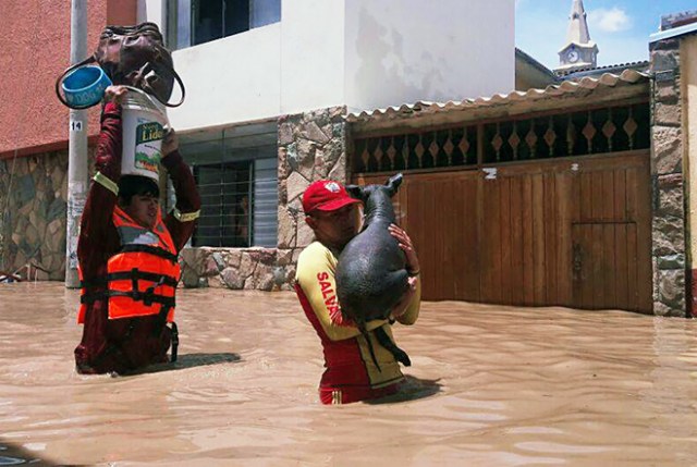Residents in the city of Piura, 1,000 kilometres north of Lima, wade through water on the streets on March 27, 2017, after nearly 15 hours of rain caused the Piura River to overflow, flooding neighbourhoods in most of the city.  The El Nino climate phenomenon is causing muddy flash floods and rivers to overflow along the entire Peruvian coast, isolating communities and neighborhoods. Most cities face water shortages as water lines have been compromised by mud and debris. / AFP PHOTO / PATRICIA LACHIRA / BEST QUALITY AVAILABLE