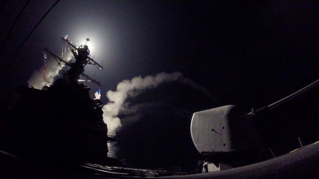 U.S. Navy guided-missile destroyer USS Porter (DDG 78) conducts strike operations while in the Mediterranean Sea which U.S. Defense Department said was a part of cruise missile strike against Syria on April 7, 2017. Ford Williams/Courtesy U.S. Navy/Handout via REUTERS ATTENTION EDITORS - THIS IMAGE WAS PROVIDED BY A THIRD PARTY. EDITORIAL USE ONLY.