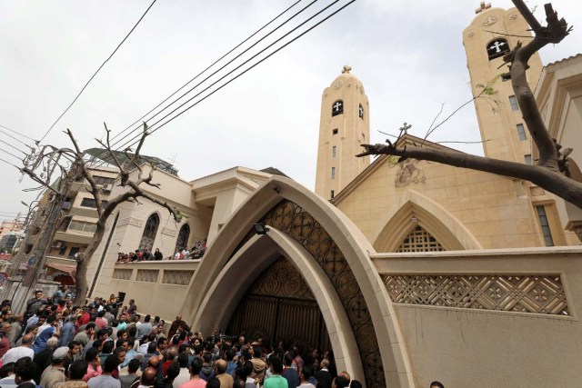 Egyptians gather in front of a Coptic church that was bombed on Sunday in Tanta, Egypt, April 9, 2017. REUTERS/Mohamed Abd El Ghany