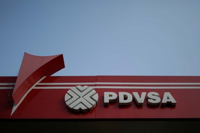 The corporate logo of the state oil company PDVSA is seen at a gas station in Caracas, Venezuela April 12, 2017. Picture taken April 12, 2017. REUTERS/Marco Bello