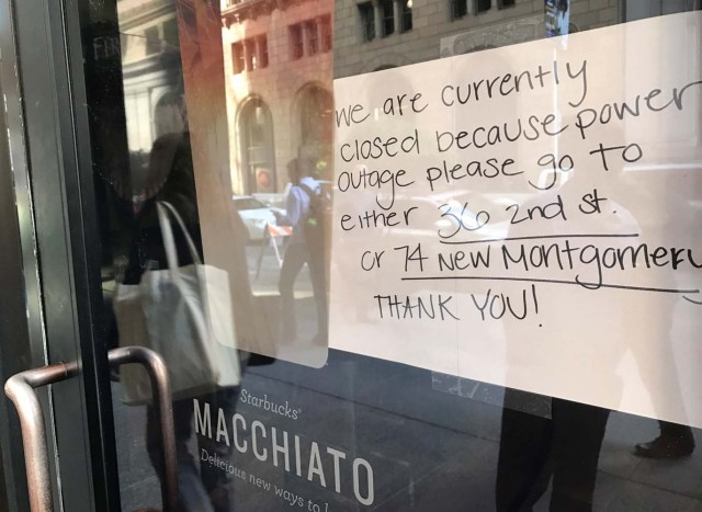 A sign on a Starbucks coffee shop informs customers that the facility is closed due to a power cut, in the financial district of San Francisco, California, U.S. April 21, 2017. REUTERS/Alexandria Sage