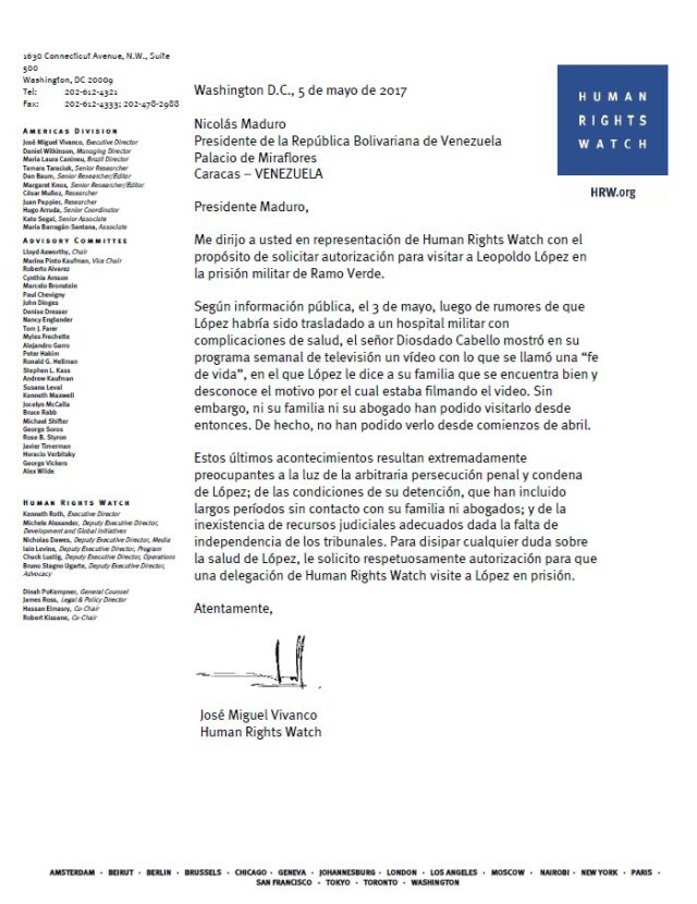 La carta enviada por Vivanco a Maduro. Foto: @JMVivancoHRW 