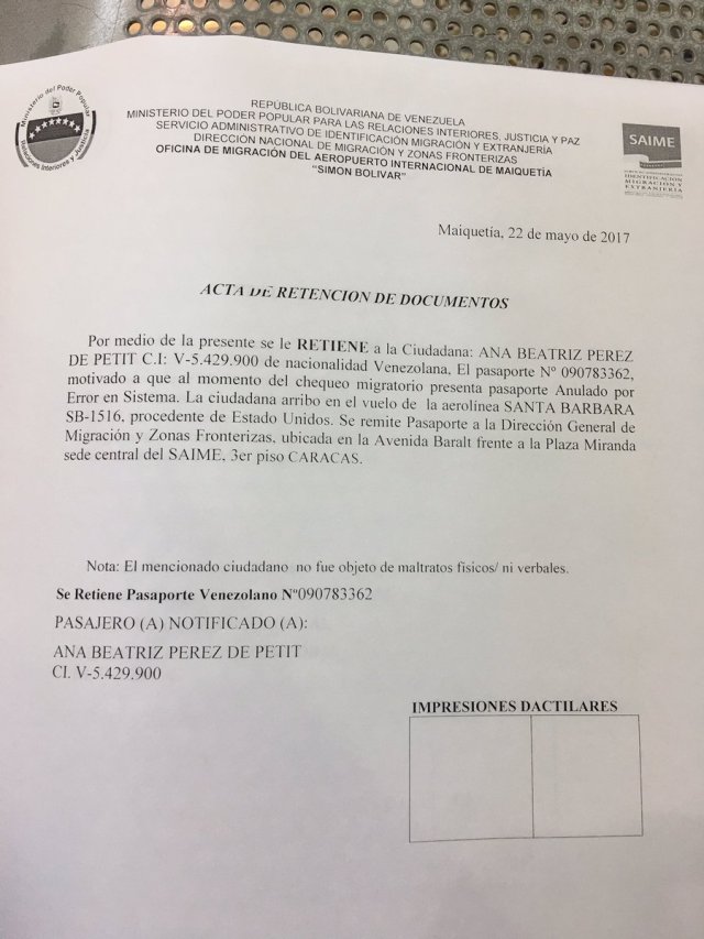 La carta de anulación del documento que le fue entregada a @NituPerez en Maiquetía