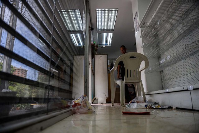 A security guard remains inside a looted pharmacy in Maracay, Aragua state, Venezuela on June 27, 2017. / AFP PHOTO / FEDERICO PARRA