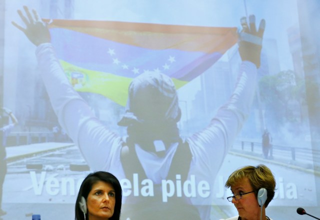 U.S. Ambassador to the United Nations Nikki Haley (L) attends a side-event of the Human Rights Council on the situation in Venezuela at the United Nations, in Geneva, Switzerland June 6, 2017. REUTERS/Denis Balibouse