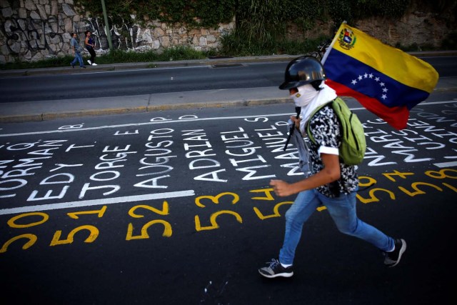 Un manifestante lleva una bandera venezolana mientras corre junto a una lista de las víctimas de la violencia durante las protestas contra el presidente de Venezuela, Nicolás Maduro, en Caracas, Venezuela, el 12 de junio de 2017. REUTERS / Ivan Alvarado
