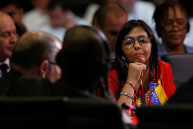 Venezuelan Foreign Minister Delcy Rodriguez looks on as she listens during the OAS 47th General Assembly in Cancun, Mexico June 20, 2017. REUTERS/Carlos Jasso
