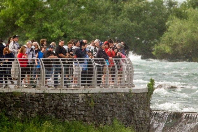 Crowds gather at Terrapin Point on Goat Island in Niagara Falls, New York to watch Aerialist Erendira Wallenda hang beneath a helicopter during a stunt over the Horseshoe Falls, June 15, 2017. / AFP PHOTO / Geoff Robins