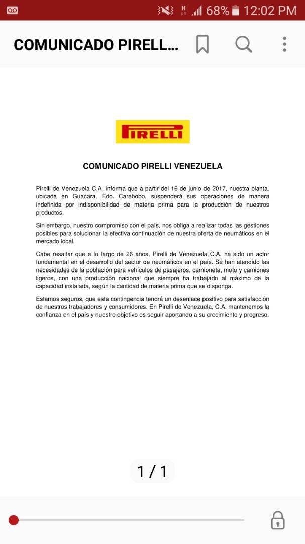 Comunicado de Pirelli