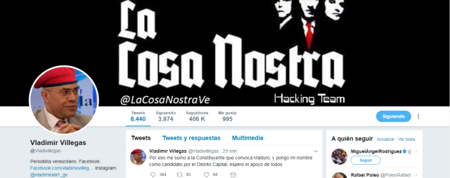 La cuenta en Twitter de Vladimir Villegas fue hackeada. Foto: Capture