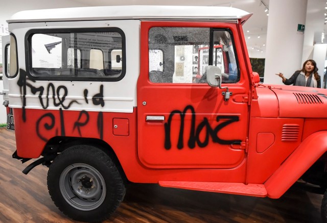 A replica of the 4x4 Toyota used during the La Rochela Massacre, on January 18, 1989, perpetrated by a paramilitary group, in which 12 out of 15 judicial officials who were investigating various crimes in the area were murdered, in on display during the opening of Colombia's General Prosecutor's Office museum in Bogota, on July 7, 2017. The museum was inaugurated within the framework of the 25th anniversary of the General Prosecutor's Office and aims to bring to the public to objects seized in judicial processes in the country. / AFP PHOTO / Raul Arboleda