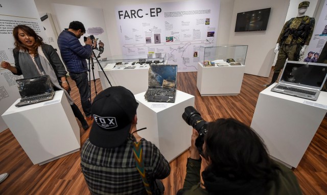 Computers who belonged to  Revolutionary Armed Forces of Colombia (FARC) late commander Jorge Briceno,aka "Mono Jojoy", seized by Colombian army during the Sodoma operation in September 22, 2010, are on display during the opening of Colombia's General Prosecutor's Office museum in Bogota,  on July 7, 2017. The museum was inaugurated within the framework of the 25th anniversary of the General Prosecutor's Office and aims to bring to the public to objects seized in judicial processes in the country.  / AFP PHOTO / Raul Arboleda