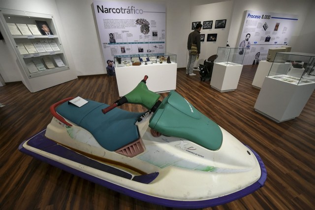 A jet ski who belonged to late drug lord Pable Escobar is on display during the opening of Colombia's General Prosecutor's Office museum in Bogota, on July 7, 2017. The museum was inaugurated within the framework of the 25th anniversary of the General Prosecutor's Office and aims to bring to the public to objects seized in judicial processes in the country. / AFP PHOTO / Raul Arboleda