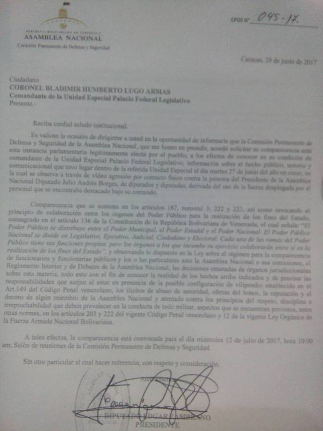 La carta de solicitud de comparecencia de la AN al Coronel "gorila" Lugo