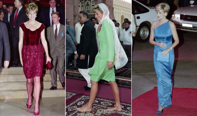 (COMBO) (FILES) This combination of file photos shows, (LtoR), on November 15, 1992, Britain's Diana, Princess of Wales, arriving at the Lille Congress Hall in Lille, France, for the opening of Paul McCartney's oratorio "Liverpool"; on September 27, 1991, Britain's Diana, Princess of Wales, visiting the Badshahi Mosque in Lahore; and on October 31, 1996, Britain's Diana, Princess of Wales, arriving at the Victor Chang Cardiac Research Institute dinner dance in Sydney. Princess Diana revolutionised the royal dress code with the help of some of the world's greatest designers during a glamorous life that came to a tragic end on August 31, 1997, 20 years ago this month. / AFP PHOTO / AFP PHOTO AND POOL