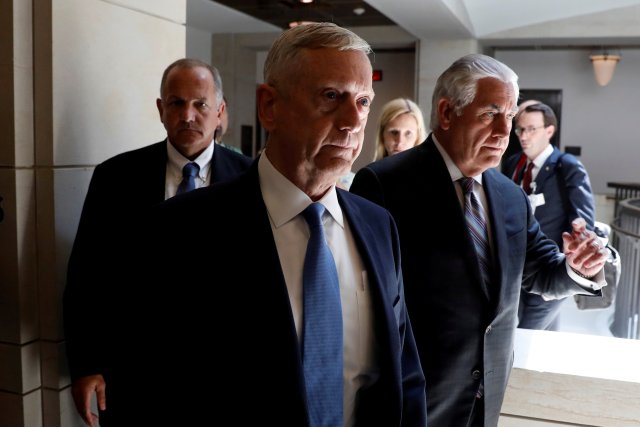 Secretary of Defense James Mattis and Secretary of State Rex Tillerson arrive to brief the Senate Foreign Relations Committee on the ongoing fight against the Islamic State on Capitol Hill in Washington, U.S., August 2, 2017. REUTERS/Aaron P. Bernstein     TPX IMAGES OF THE DAY