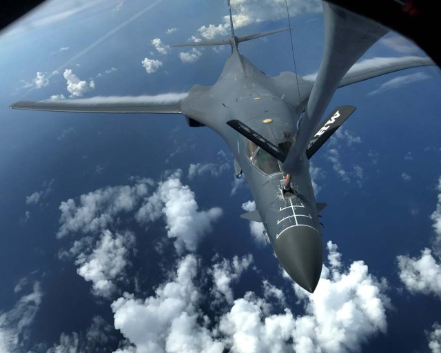 One of two U.S. Air Force B-1B Lancer bombers is refueled during a 10-hour mission flying to the vicinity of Kyushu, Japan, the East China Sea, and the Korean peninsula, over the Pacific Ocean August 8, 2017. U.S. Air Force/Airman 1st Class Gerald Willis/Handout via REUTERS. ATTENTION EDITORS - THIS IMAGE WAS PROVIDED BY A THIRD PARTY