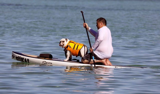 A resident and his dog ride on a kayak along the coast of Tamuning, Guam, a U.S. Pacific Territory, August 12, 2017. REUTERS/Erik De Castro