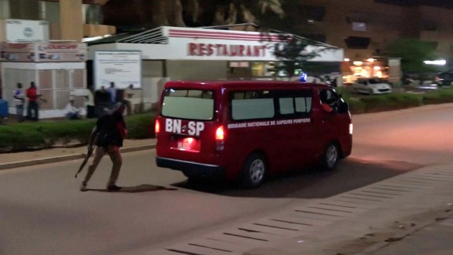 REFILE - QUALITY REPEAT A fire brigade vehicle departs following an attack by gunmen on a restaurant in Ouagadougou, Burkina Faso, in this still frame taken from video August 13, 2017. REUTERS/Reuters TV