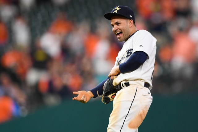 Aug 19, 2017; Houston, TX, USA; Houston Astros second baseman Jose Altuve (27) reacts to the review of the double play against the Oakland Athletics during the ninth inning at Minute Maid Park. Mandatory Credit: Shanna Lockwood-USA TODAY Sports