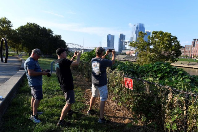 Curt Lerner, Steve Pate-Newberry and Scott Hall from Sacramento, California test their drone in preparation for the solar eclipse, in Nashville, Tennessee, U.S. August 21, 2017. Location coordinates for this image are 39°9'55"N 86°46'24". REUTERS/Harrison McClary