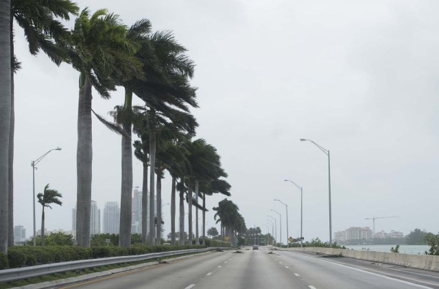 A main street leading to Miami Beach is nearly deserted as outer bands of Hurricane Irma arrive in Miami Beach, Florida, September 9, 2017. Hurricane Irma weakened slightly to a Category 4 storm early Saturday, according to the US National Hurricane Center, after making landfall hours earlier in Cuba with maximum-strength Category 5 winds. / AFP PHOTO / SAUL LOEB
