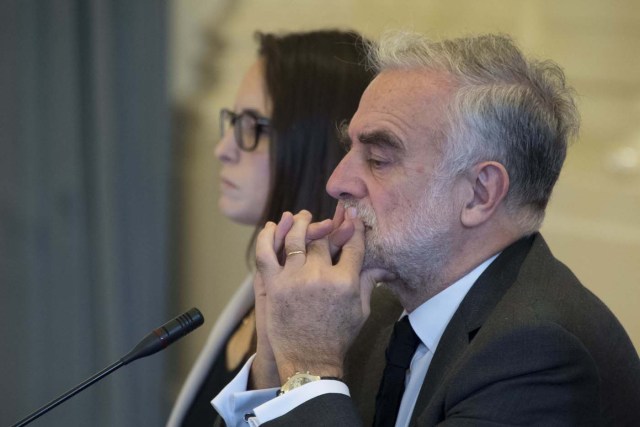 International Criminal Court prosecutor Luis Moreno-Ocampo listens to testimony at the Organization of Ameircan States (OAS) in Washington, DC, on September 14, 2017, as the OAS begins investigation into alleged crimes against humanity in Venezuela. / AFP PHOTO / JIM WATSON