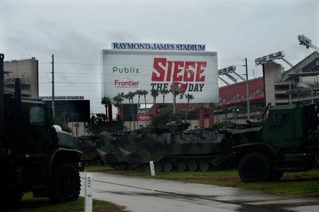 TAMPA, FL - SEPTEMBER 10: Military equipment sits in the parking lot at Raymond James stadium ahead of Hurricane Irma on September 10, 2017 in Tampa, Florida. Hurricane Irma made landfall in the Florida Keys as a Category 4 storm on Sunday, lashing the state with 130 mph winds as it moves up the coast.   Brian Blanco/Getty Images/AFP