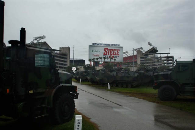 TAMPA, FL - SEPTEMBER 10: Military equipment sits in the parking lot at Raymond James stadium ahead of Hurricane Irma on September 10, 2017 in Tampa, Florida. Hurricane Irma made landfall in the Florida Keys as a Category 4 storm on Sunday, lashing the state with 130 mph winds as it moves up the coast.   Brian Blanco/Getty Images/AFP