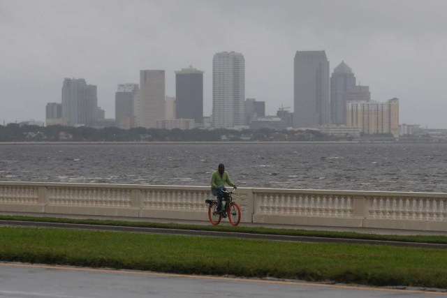 The Tampa skyline is seen in the background as a man bikes along Bayshore Boulevard ahead of the arrival of Hurricane Irma in Tampa, Florida, U.S., September 10, 2017. REUTERS/Chris Wattie