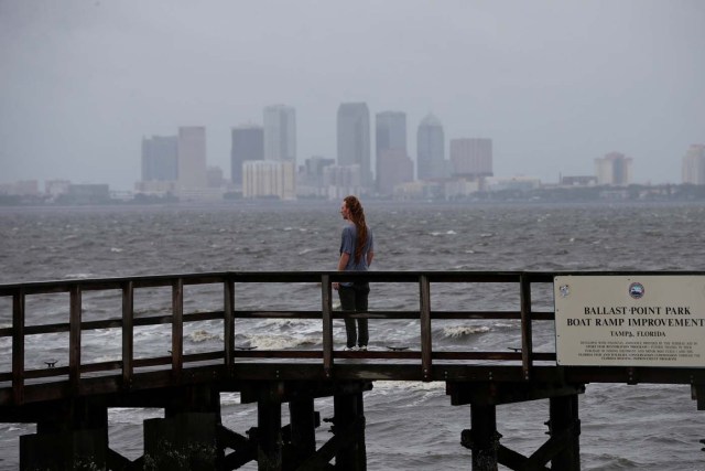 The Tampa skyline is seen in the background as a man looks out at Hillsborough Bay ahead of the arrival of Hurricane Irma in Tampa, Florida, U.S., September 10, 2017. REUTERS/Chris Wattie