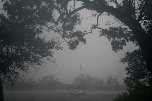 A boat at anchor in the Intercostal Waterway is pictured as Hurricane Irma' arrives in Hollywood, Florida, U.S., September 10, 2017. REUTERS/Carlo Allegri