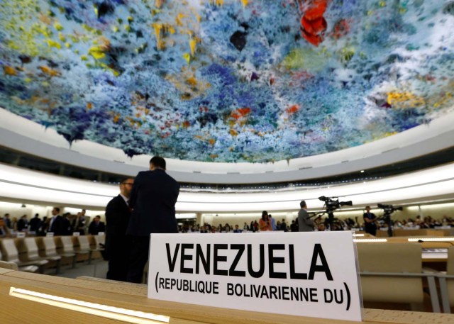 The name place sign of Venezuela is pictured on the country's desk at the 36th Session of the Human Rights Council at the United Nations in Geneva, Switzerland September 11, 2017. REUTERS/Denis Balibouse