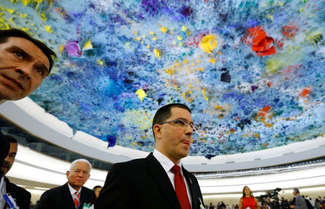Venezuela's Foreign Minister Jorge Arreaza leaves after his address to the 36th Session of the Human Rights Council at the United Nations in Geneva, Switzerland September 11, 2017. Picture taken with a fisheye lens. REUTERS/Denis Balibouse