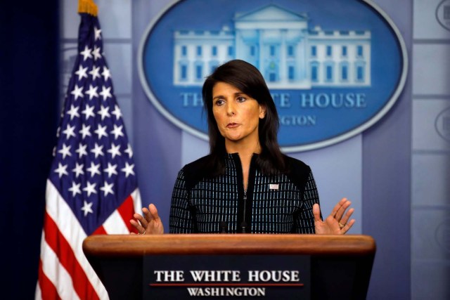 U.S. Ambassador to the UN, Nikki Haley attends the daily briefing at the White House in Washington, U.S., September 15, 2017. REUTERS/Carlos Barria