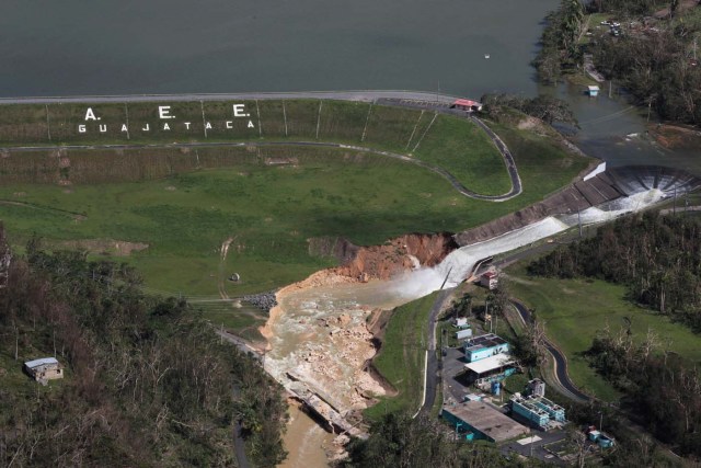 An aerial view shows damage to the Guajataca dam in the aftermath of Hurricane Maria, in Quebradillas, Puerto Rico September 23, 2017. REUTERS/Alvin Baez