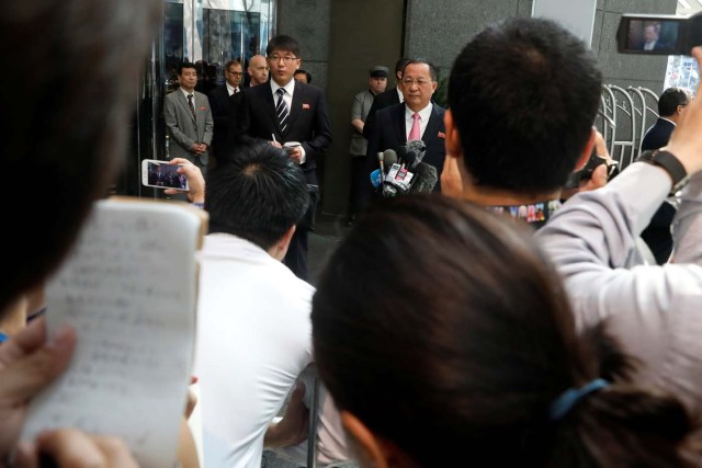 North Korean Foreign Minister Ri Yong-ho speaks to the media outside the Millennium hotel New York, U.S., September 25, 2017. REUTERS/Shannon Stapleton