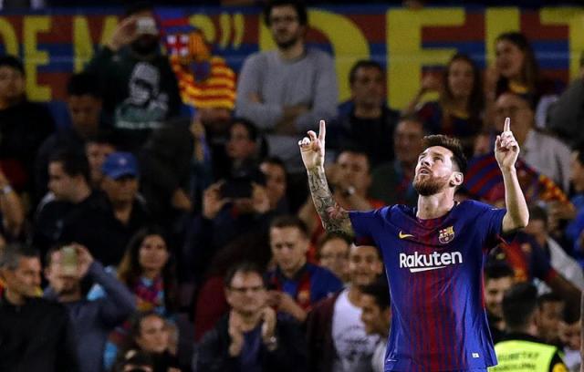 El argentino Lionel Messi celebra tras anotar uno de los cinco goles del Barcelona (Foto: EFE)