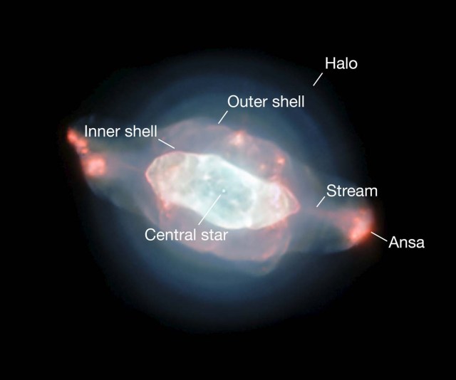EPA031. ESPACIO, 27/09/2017.- Vista de la nebulosa Saturno captada por el instrumento MUSE instalado en el telescopio VLT (Very Large Telescope) del Observatorio Paranal (Chile), hoy 27 de septiembre de 2017. Un equipo internacional de astrónomos cartografió por primera vez la nebulosa y ha captó una imagen de las intrincadas estructuras de su polvo, que incluye burbujas, un halo y una curiosa forma ondulada, iluminadas en tonos azules y rosas. EFE/ ESO/j. Walsh FOTO CEDIDA/SOLO USO EDITORIAL/NO VENTAS
