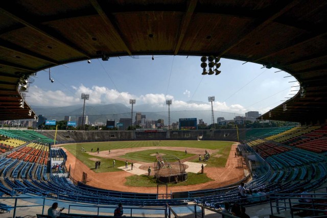 View of the Universitario stadium in Caracas on September 18, 2016. While baseball is Venezuela's national sport, some fans are angry that the government, given the severity of the economic crisis and the political tension, will spend nearly ten million dollars on organizing the upcoming Winter League rather than on imports of food and medicine. / AFP PHOTO / FEDERICO PARRA