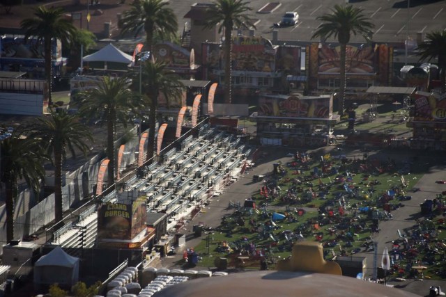 Lawn chairs and other personal belongings are seen at the Las Vegas Village, a 15-acre open air venue on the Las Vegas strip October 3, 2017 where 59 people were killed and  more than 500 wounded after a gunman opened fire on a country music concert there  late October 1, 2017 in Las Vegas, Nevada.  / AFP PHOTO / Robyn Beck