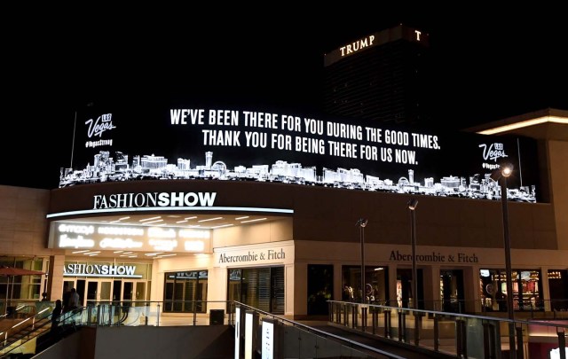 LAS VEGAS, NV - OCTOBER 03: An electronic sign outside the Fashion Show mall on the Las Vegas Strip displays a message of gratitude in response to Sunday night's mass shooting at a music festival on October 3, 2017 in Las Vegas, Nevada. Late Sunday night, a lone gunman killed at least 59 people and injured more than 500 after he opened fire on a large crowd at the Route 91 Harvest country music festival. The massacre is one of the deadliest mass shooting events in U.S. history.   Ethan Miller/Getty Images/AFP