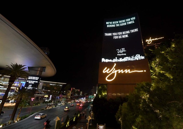 LAS VEGAS, NV - OCTOBER 03: The marquee at Wynn Las Vegas displays a message of gratitude in response to Sunday night's mass shooting at a music festival on October 3, 2017 in Las Vegas, Nevada. Hotel-casinos all along the Las Vegas Strip replaced their usual flashy marquee advertisements with the same message of condolence as a show of strength in reaction to the violence. Late Sunday night, a lone gunman killed at least 59 people and injured more than 500 after he opened fire on a large crowd at the Route 91 Harvest country music festival. The massacre is one of the deadliest mass shooting events in U.S. history.   Ethan Miller/Getty Images/AFP