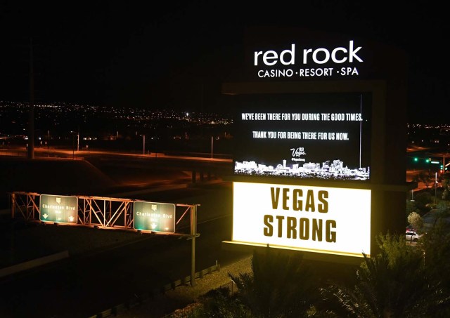 LAS VEGAS, NV - OCTOBER 04: A marquee at the Red Rock Resort displays a message of gratitude in response to Sunday night's mass shooting at a music festival, on October 4, 2017 in Las Vegas, Nevada. Hotel-casinos in Las Vegas replaced their usual flashy marquee advertisements with the same message of condolence as a show of strength in reaction to the violence. Late Sunday night, a lone gunman killed at least 59 people and injured more than 500 after he opened fire on a large crowd at the Route 91 Harvest country music festival. The massacre is one of the deadliest mass shooting events in U.S. history.   Ethan Miller/Getty Images/AFP
