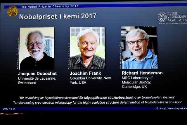 Los nombres de Jacques Dubochet, Joachim Frank y Richard Henderson se muestran en la pantalla durante el anuncio de los ganadores del Premio Nobel de Química 2017, en Estocolmo, Suecia, 4 de octubre de 2017. TT Agencia de Noticias / Claudio Bresciani via REUTERS