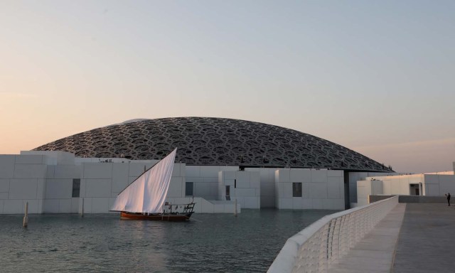 A view of the exterior of the Louvre Abu Dhabi museum on November 8, 2017. More than a decade in the making, the Louvre Abu Dhabi opens its doors today, bringing the famed name to the Arab world for the first time. / AFP PHOTO / ludovic MARIN