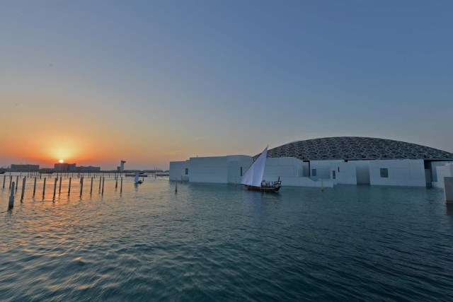 A general view shows part of the Louvre Abu Dhabi Museum designed by French architect Jean Nouvel on November 8, 2017 prior to the inauguration of the museum on Saadiyat island in the Emirati capital. More than a decade in the making, the Louvre Abu Dhabi is opening its doors bringing the famed name to the Arab world for the first time. / AFP PHOTO / Giuseppe CACACE