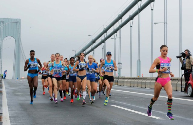 The elite women runners make their way across the Verrazano-Narrows Bridge during the start of the New York City Marathon in New York, U.S., November 5, 2017. REUTERS/Lucas Jackson