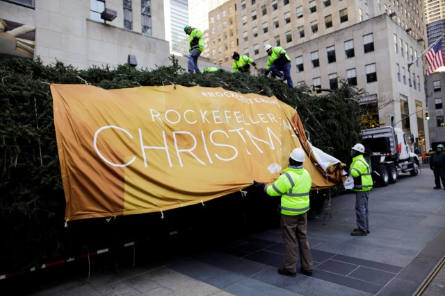 People work on a Christmas tree as it arrives at Rockefeller Center in New York, U.S., November 11, 2017. REUTERS/Eduardo Munoz